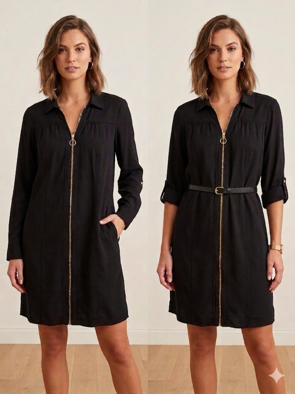 GUESS Black Zip Front Shirt Dress Minimalist Capsule Wardrobe Chic Size L